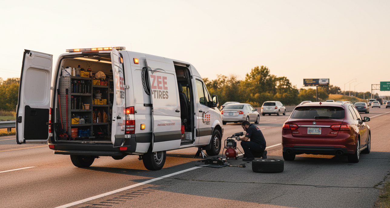Professional tire service and repair by Zee Tires mobile unit